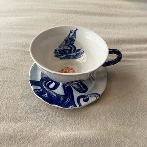 Retired Anthropologie “From the Deep” Teacup and Saucer Excellent Condition